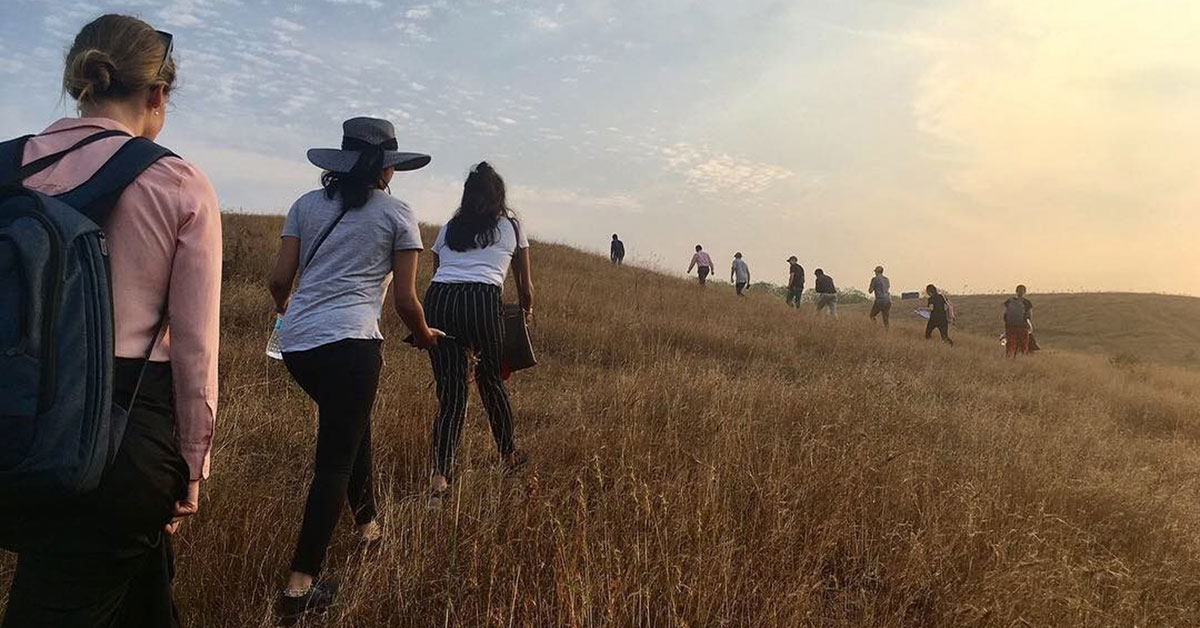 Students walk through field up hill