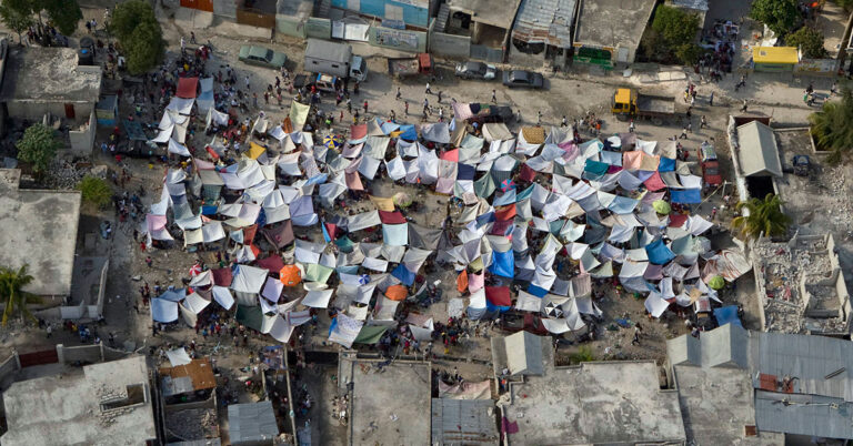 Aerial view of tent city in Haiti