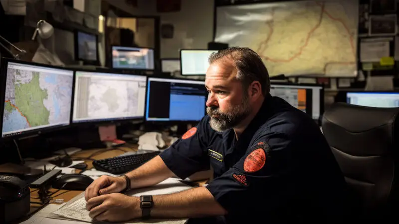 Person sits in front of computer at command centre