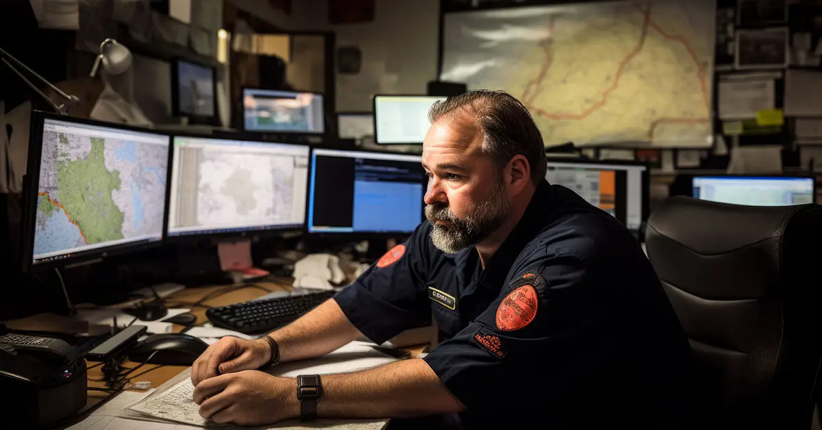 Person sits in front of computer at command centre